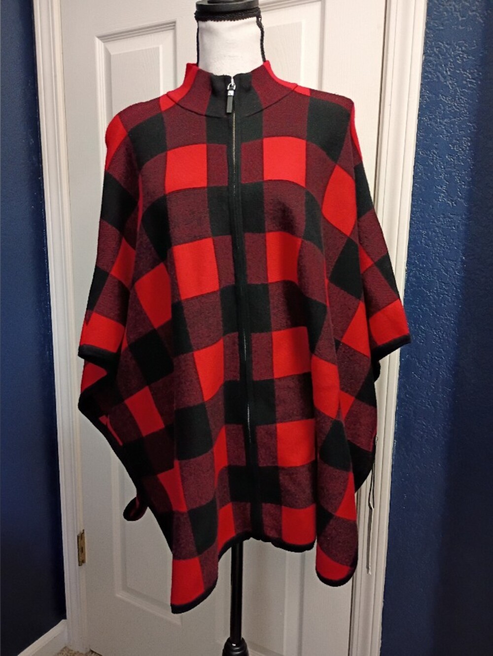 Nicole Miller Red and Black Buffalo Plaid Zip Poncho  WITH  DOG  SWEATER